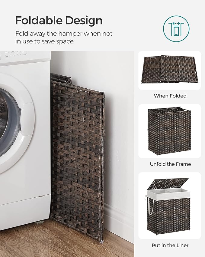 SONGMICS Laundry Hamper with Lid, 110L Clothes Hamper with 2 Removable Liner Bags, 6 Mesh Bags, Wicker Laundry Basket, Double Laundry Hamper for Bathroom, 13 x 22.4 x 23.6 Inches, Brown ULCB052K02