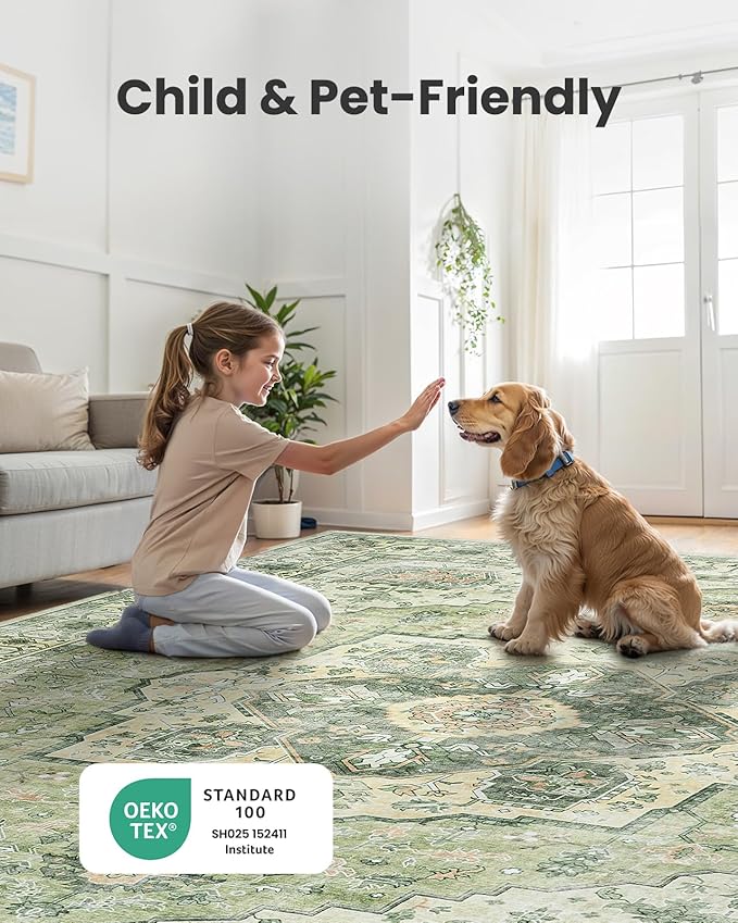 AMADA HOMEFURNISHING 9x12 Area Rug, Washable Low-Profile Large Area Rug with Non-Slip Backing & Durable Edge Binding, Vintage Large Rugs for Living Room, Bedroom