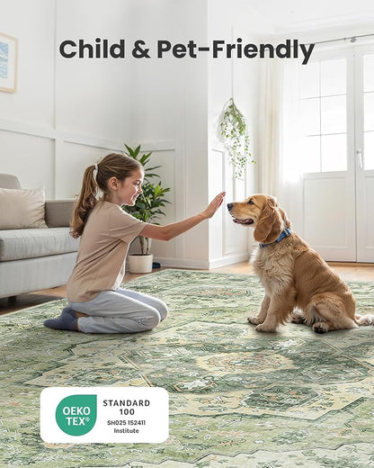 AMADA HOMEFURNISHING 9x12 Area Rug, Washable Low-Profile Large Area Rug with Non-Slip Backing & Durable Edge Binding, Vintage Large Rugs for Living Room, Bedroom