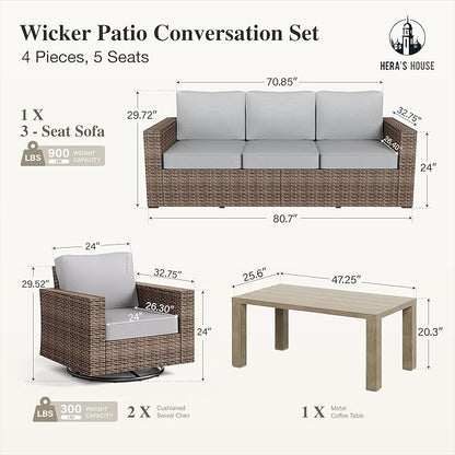 HERA'S HOUSE Patio Furniture Conversation Set, Outdoor Swivel Glide Wicker Chairs with 4.92" Widened Armrest, 4 Pieces Deep Seating Yellow Rattan Sofa with 5.5" Gray Cushions for Deck Garden Yard