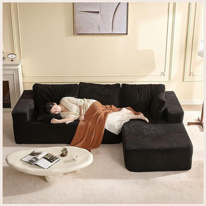 107" Boneless Couch with Deep Seat, Modular Sectional Sofa, Cloud Sectional Couch for Living Room, No Assembly Required, Corduroy, L-Shape Right?Black