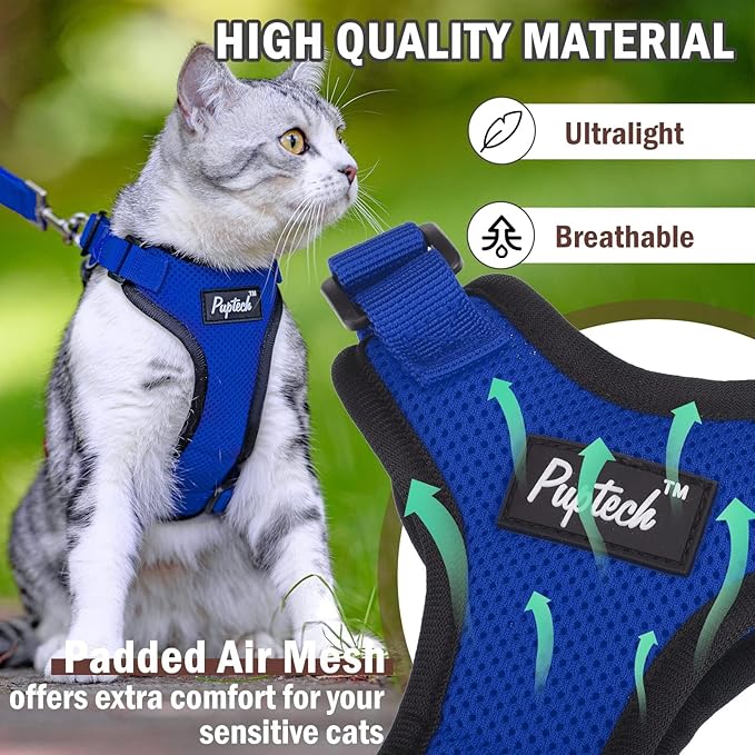 PUPTECK Cat Harness and Leash Set Escape Proof for Walking, Breathable Mash Vest Adjustable Harness for Cats Puppy Small Animals, Reflective at Night, Blue Medium