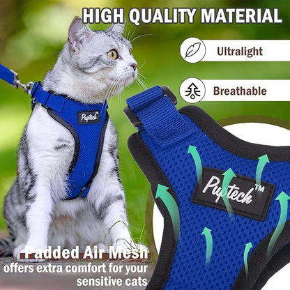 PUPTECK Cat Harness and Leash Set Escape Proof for Walking, Breathable Mash Vest Adjustable Harness for Cats Puppy Small Animals, Reflective at Night, Blue Medium