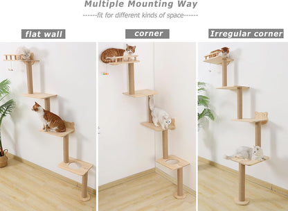 Cat Tree Wall Mounted with 4 Levels Shelves, 73" Wood Corner Tower Inside Kitten Playground for Climbing,Playing and Lounging (Right to Left)