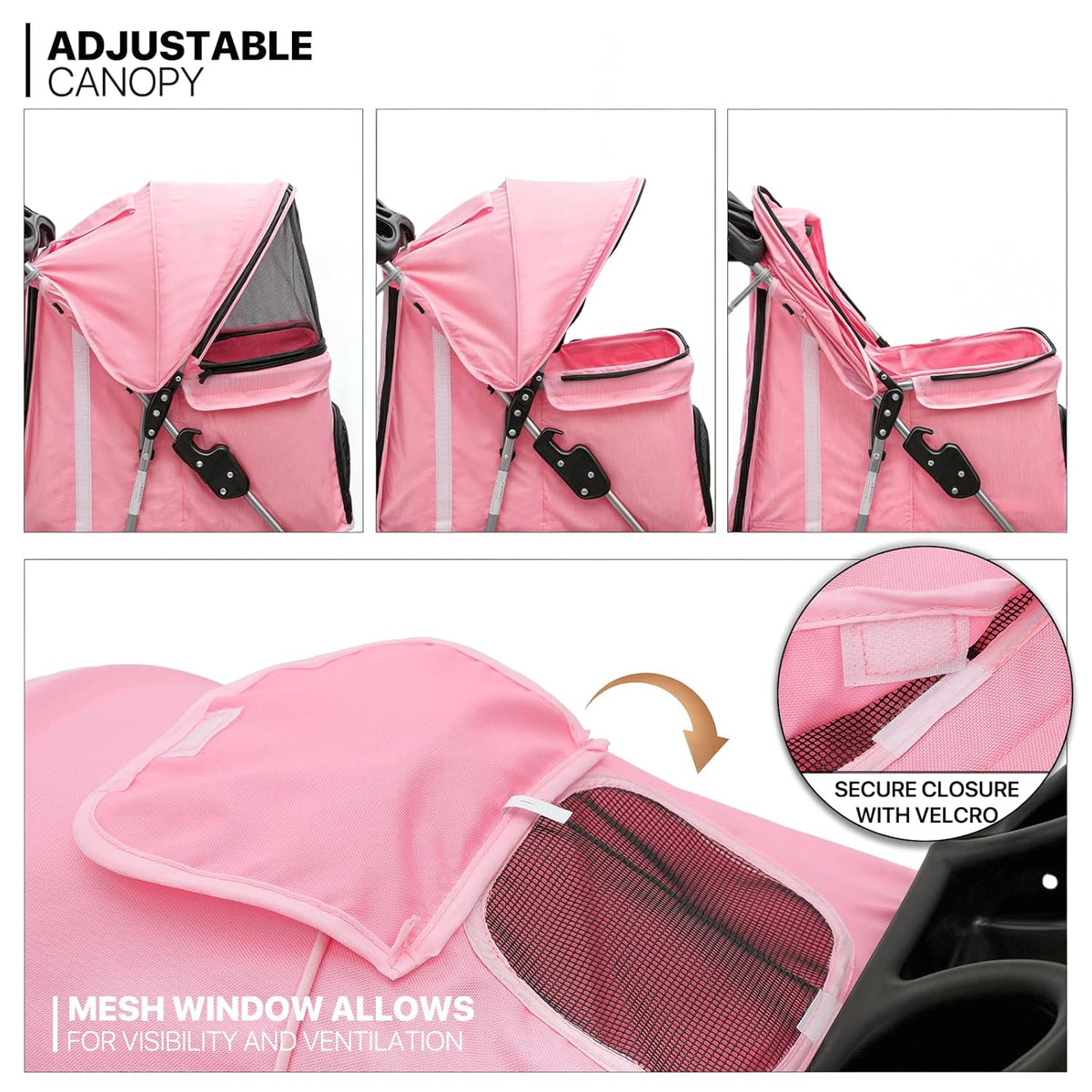 MoNiBloom 3-Wheels Foldable Pet Stroller with Waterproof Cover, Pet Strolling Cart for Small/Medium Dogs and Cats with Storage Basket and Cup Holder, Breathable and Visible Mesh for All-Season, Pink