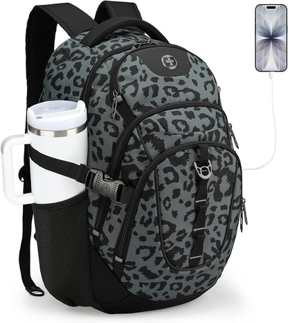Swissdigital Laptop Backpack with USB Charging Port, Travel Backpack Fits 15.6 inches Computer, 31L Backpack for Men, Gray Leopard | SD803-101