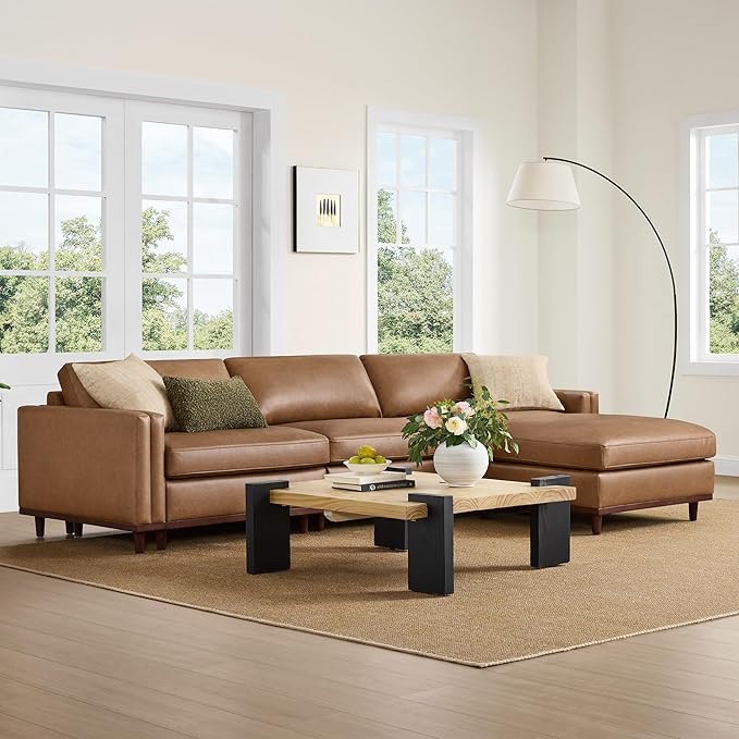 CHITA 118" Super Large Luxury L Shape Convertible Sectional Modular Sofa, FSC Certified Down Filled Modern Sofa with Ottoman, Deep Seat Cloud Couch, 4 Seat Couch, Solid Wood Leg, Faux Leather in Camel