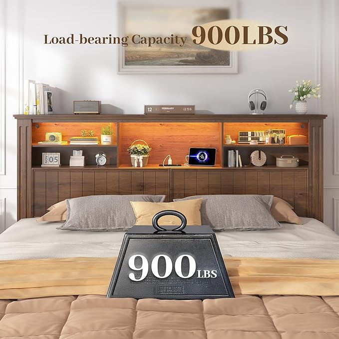 EnHomee King Size Bed Frame with 4 Storage Drawers, King Bed Frame and Headboard with LED Lights & Charging Ports,No Box Spring Needed,NO Noise,Wooden,Brown