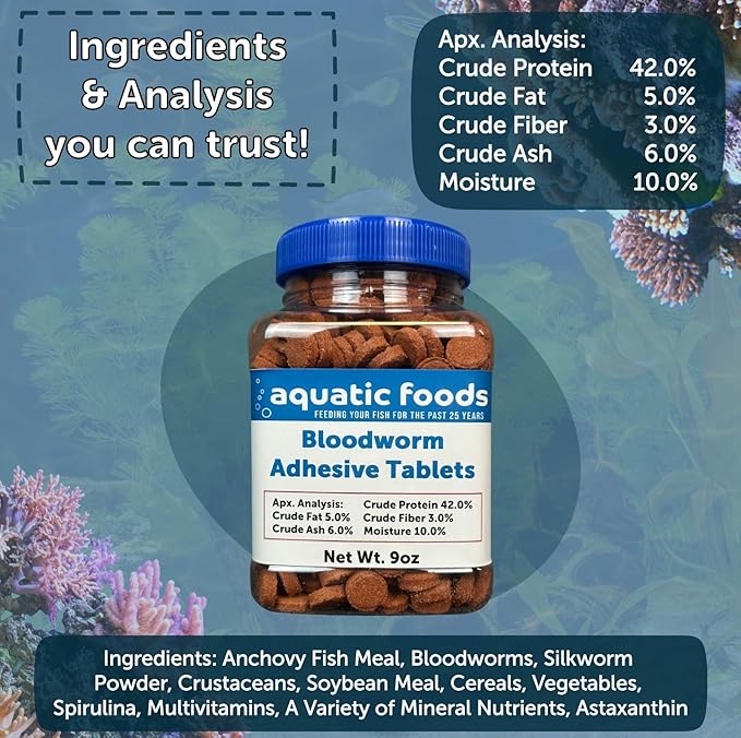 Aquatic Foods Inc. Bloodworm Glass Sticking 42% Protein Tablets for Angels, Tetras, Guppies, Cichlids, All Community Tropical Fish...4-lbs 8oz Jar
