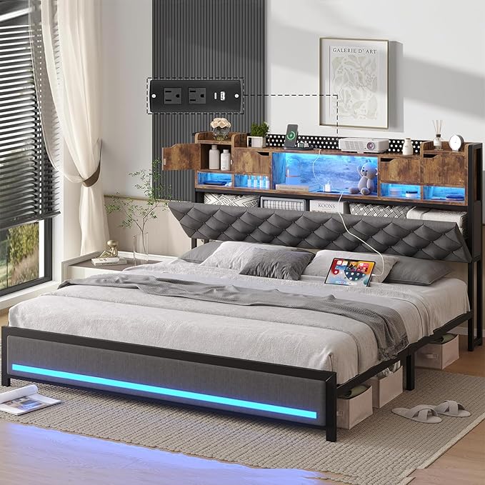 Queen Bed Frame with Upholstered Headboard, Bed Frame Queen Size with Hidden Storage,3-Tier Storage Shelves, LED Lights and Charging Station, Queen Bed with Noise-Free,Gray