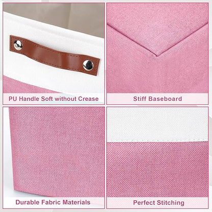 Collapsible Fabric Storage Cubes 11x11 Cube Storage Bins, 4 Pack Closet Baskets Box with Handles for Organizing, Shelf, Toys, Clothes, Home, Office, Nursery (Pink&White)
