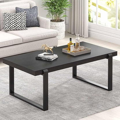 FOLUBAN Black Coffee Table, Modern Industrial Wood and Metal Center Table, Rectangle Cocktail Tea Table for Living Room, 47 Inch