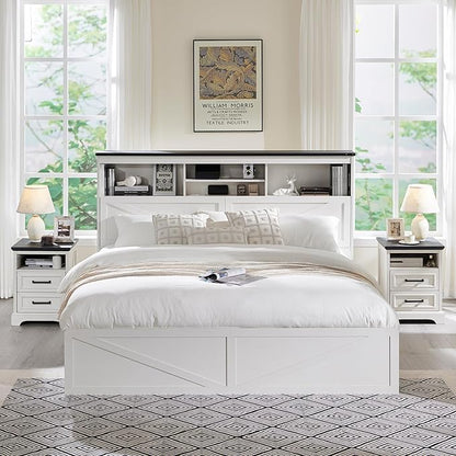 ACCOHOHO King Bed Frame Farmhouse with 52" Storage Bookcase Headboard, 4 Drawers Wooden Bed Frame, LED Light, Charging Station - White
