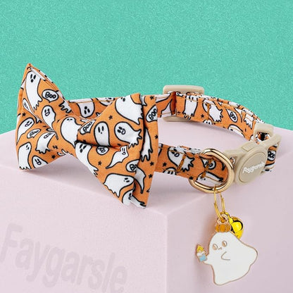 Faygarsle 2 Pack Halloween Cat Collar with Bowtie and Bell, Breakaway Safety Buckle, Ghost Pattern, Orange and Light Purple