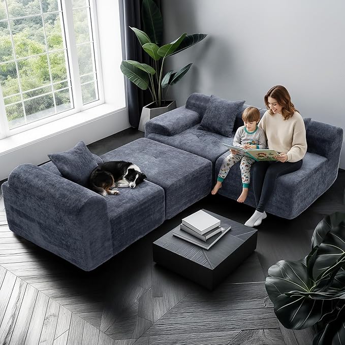 119’’ Modular Sectional Sofa, Cloud Sectional Couch with Deep Seat, Modern Modular Compression Sofa Couch with Chaise, Upholstered Couches, Throw Pillows for Living Room Bedroom, Blue