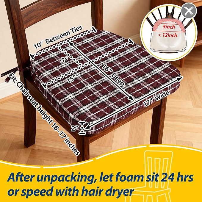 AAAAAcessories D-Shaped Chair Cushions, 2" Thick Dining Chair Pads with Ties and Removable, Machine-Washable Cover, 17" x 16", Set of 6, Red Checkered
