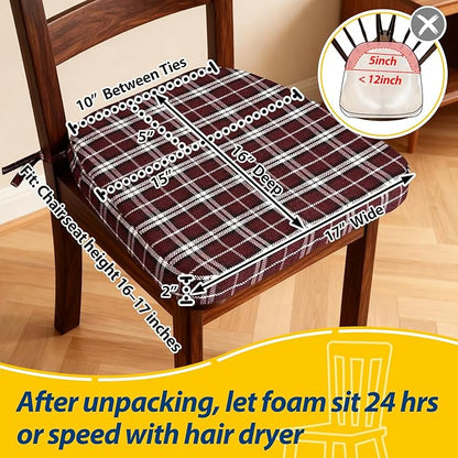 AAAAAcessories D-Shaped Chair Cushions, 2" Thick Dining Chair Pads with Ties and Removable, Machine-Washable Cover, 17" x 16", Set of 6, Red Checkered