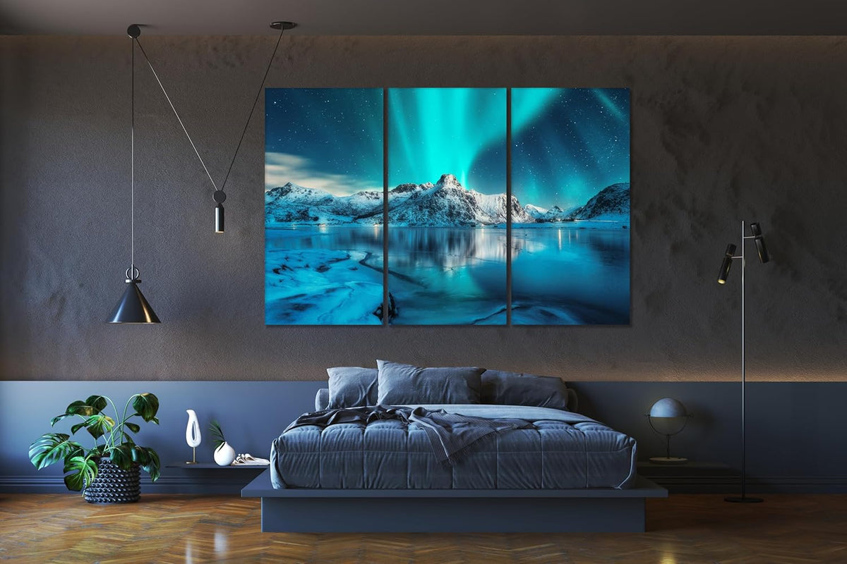 Nature Wall Art Prints - Ocean Forest Mountain Lake Canvas Landscapes - Small to Extra Large Living Room Bedroom Kitchen Bathroom Décor (Northern Lights Over Lake, 47L" x 71W" - 3 panels)