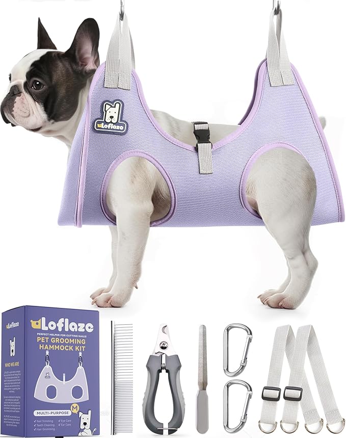 Dog Grooming Hammock Harness for Dogs & Cats with Pet Nail Clipper Trimmer - Cat Hanger Sling for Trimming Clipping Nails- Dog Hammock Restraint Bag for Small Medium Large pet （ Purple M）