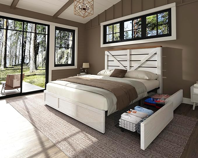 AMERLIFE King Size Farmhouse Bed Frame with 4 Drawers, Wooden Storage Bed Frame with Headboard and Heavy Duty Metal Slats, Noisy Free, Easy Assemble, White/Barnwood