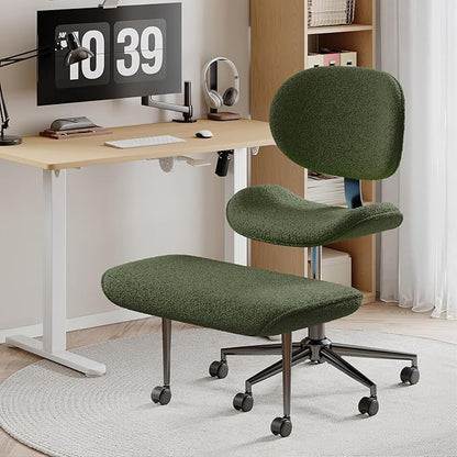 Cross Legged Office Chair with Wheels for ADHD, Ergonomic 360° Swivel Height-Adjustable Meditation Chair for Yoga, Wide Kneeling Chair with Strong Lumbar Support, Teddy Fabric, Green