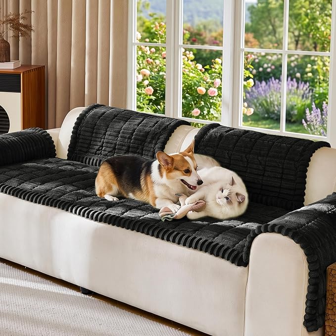 FUANGUI Waterproof Couch Cover Sofa Cover for Dogs and Pets Sofa Protector | Non-Slip Washable Fuzzy Soft Cat Bed Sofa Slipcover for 2-3 Cushion Couch Sofa Pet Friendly, Black, 27.6" x 94.5", 1 pcs