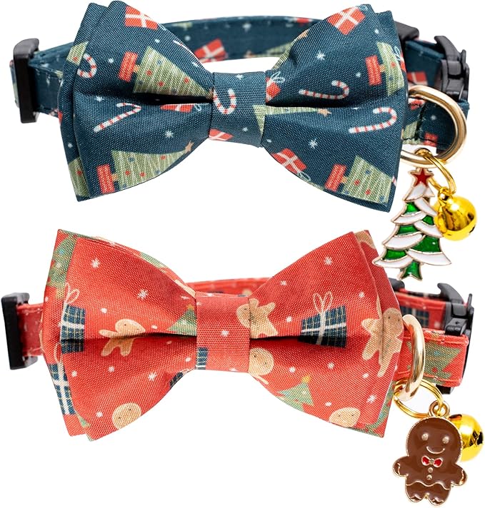2 Pack Cotton Christmas Cats Collar with Bow Tie Red Green Cat Collars for Girl Female Boy Male Cat Collar with Bell Gingerbread Man Christmas Trees Charms