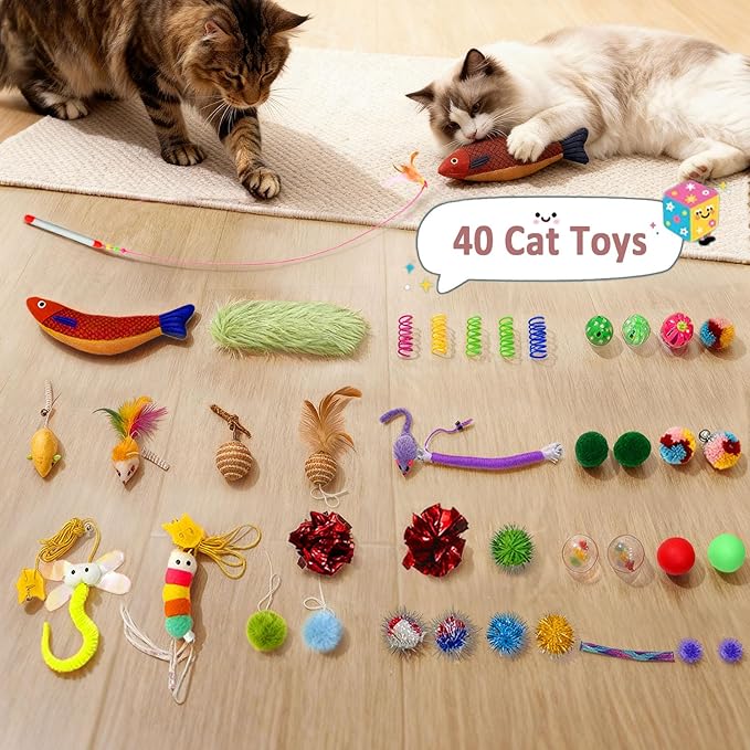 Cat Houses with 40 Cat Toys for Indoor Cats, Cute Cat Bed Cave for Multiple Large Cats, Kitten Toys for Indoor Kittens, 17 Inches