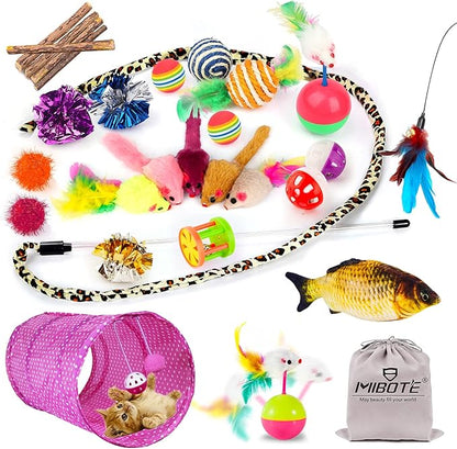 MIBOTE 28Pcs Cat Toys Kitten Toys Assorted, Cat Tunnel Catnip Fish Feather Teaser Wand Fish Fluffy Mouse Mice Balls and Bells Toys for Indoor Cat Puppy Kitty Interactive Cat Toy Set