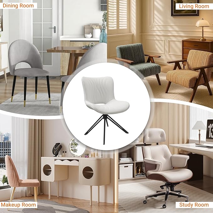 VATROS Dining Chairs Set of 6, 360° Swivel Upholstered Mid-Century Modern Kitchen Dining Room Chairs, Armless Faux Leather Accent Side Chair with Padded Back, Metal Legs for Living Room Bedrooms,White