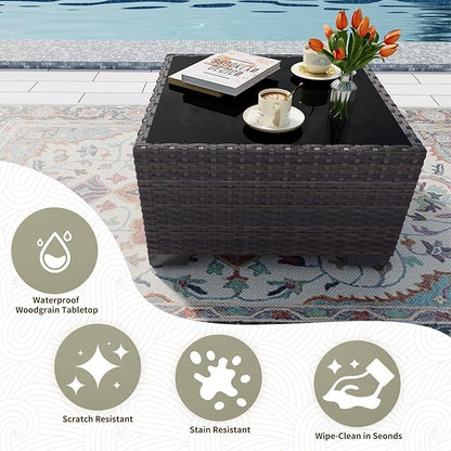 Gotland 15 Pieces Patio Furniture Set with Fire Pit Table, All Weather Rattan Outdoor Furniture with 29.5'' High Backrest 4’’ Thick Cushions Coffee Table, Patio Set for Porch, Deck, Backyard, Blue