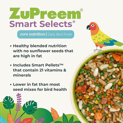 ZuPreem Smart Selects Pellets & Seed Blend, Daily Food for Cockatiel, Lovebird, Quaker, Conure, Lorikeet, Core Nutrition Food for Medium Birds, Essential Vitamins, Conure Feed (M, 2.5 lbs)