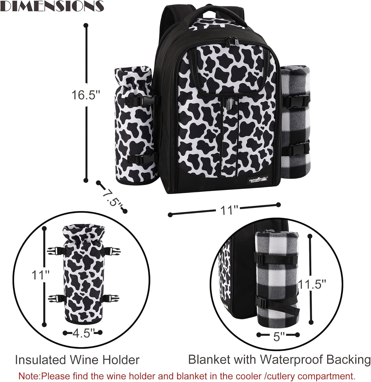 apollo walker Picnic Backpack Bag for 2 Person with Cooler Compartment, Detachable Bottle/Wine Holder, Fleece Blanket, Plates and Cutlery Set (2 Person, Black)