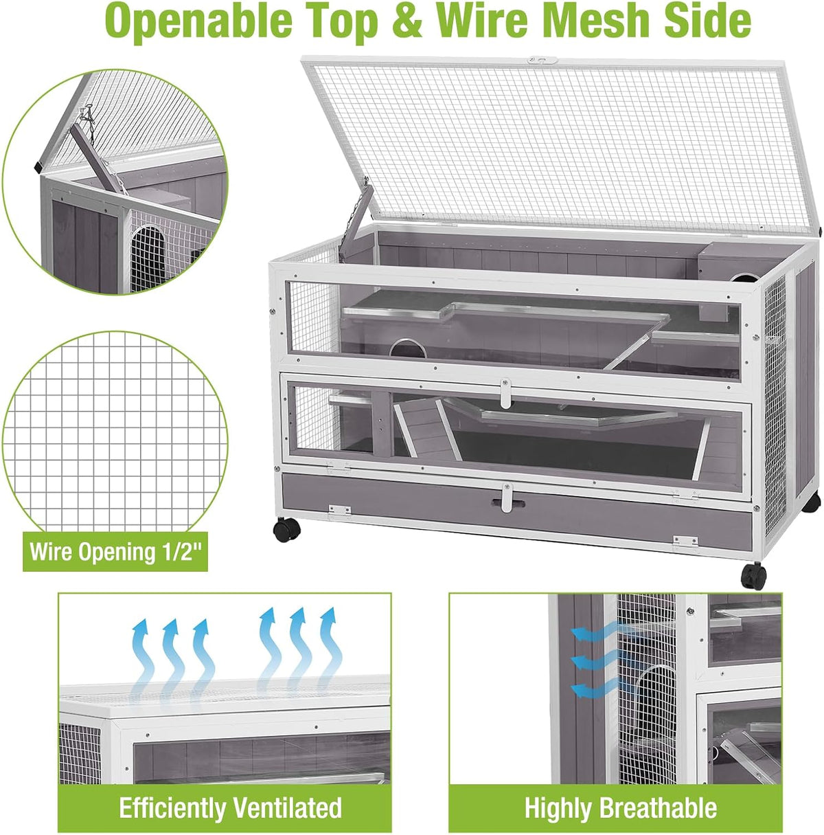 GUTINNEEN Guinea Pig Cages - Metal Iron Frame, Hamster Cage with Chew-Proof Aluminum Edges, Movable Small Animal Hideout with Leak-Proof Tray, White