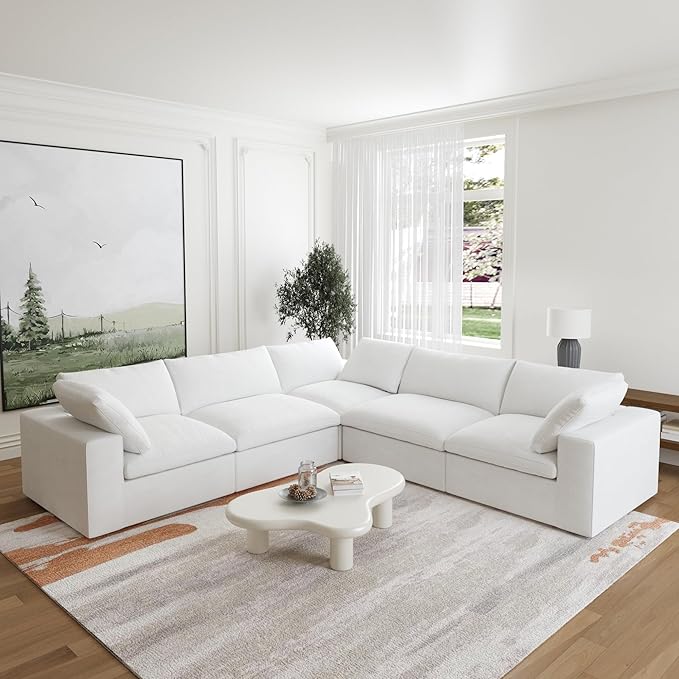 JACH V-Shaped Couch Sectional for Living Room, 5-Seats Modular Convertible Sectional Sofas Couches, Couch Cushion Covers Removable, Cloud Sofa for Living Room, Apartment (White)