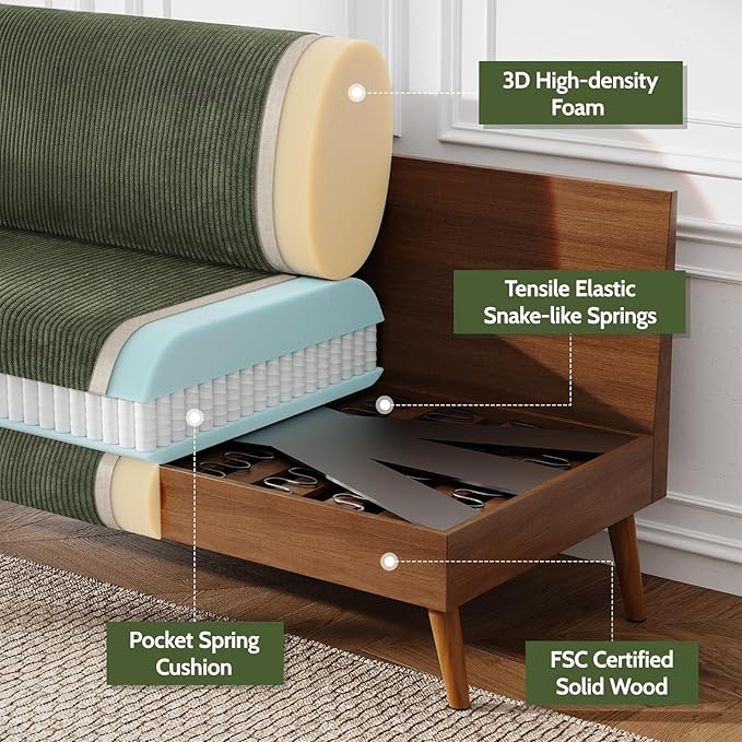 WEUP 68" Loveseat Sofa Green Corduroy Couch, Mid Century Modern Love Seat Couches for Living Room, Small Loveseat for Bedroom Office, Comfy Sofa with Spring Cushion, Solid Wood, Tool-Free Assembly