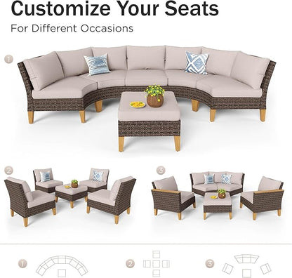 PHI VILLA Half Moon Patio Furniture Set with 56" Fire Pit Table, Outdoor Curved Wicker Sectional Sofa with Cushions and Ottomans, Beige