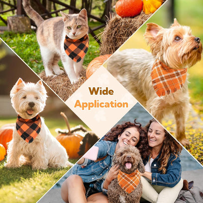 Kytely Fall Dog Bandana 2 Pack, Halloween Thanksgiving Dog Bandanas, Orange Plaid Pet Scarf for Boy and Girl, Holiday Bandana Reversible Triangle Bibs Accessories for Dogs Pets Small