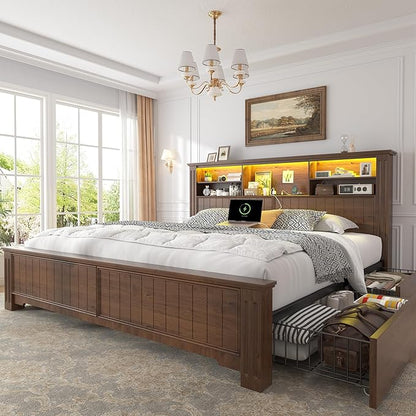 EnHomee King Size Bed Frame and Headboard & Storage,4 Drawers and LED Built in Charging Station King Bed Frame with Storage Farmhouse, NO Noise,No Box Spring Needed,Brown