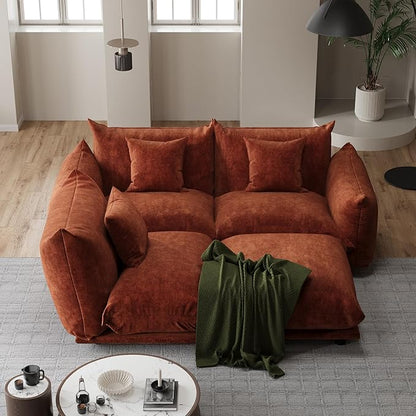 Modern Minimalist Chenille Modular Sectional Sofa, Deep-Seat 3-Seater L-Shaped Couch with Movable Ottoman and Thick Cushions, Upholstered Sofa for Living Room, Bedroom, Office, Apartment Orange L Sofa