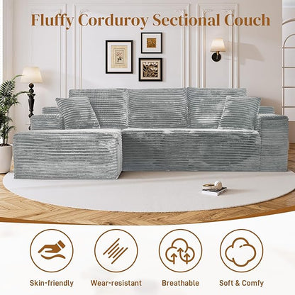 108" Boneless Cloud Sectional Couches for Living Room, Comfy Fluffy L Shaped Memory Foam Deep Seat Boneless Couch, Modular Sectional Sofa with Left Facing Chaise, Grey