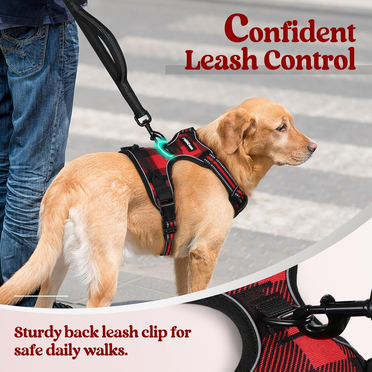 rabbitgoo Dog Harness No Pull with 2 Leash Clips, Adjustable Soft Padded, Reflective Oxford No Choke Pet Vest with Easy Control Handle for Medium Sized Dogs, Red Plaid, M