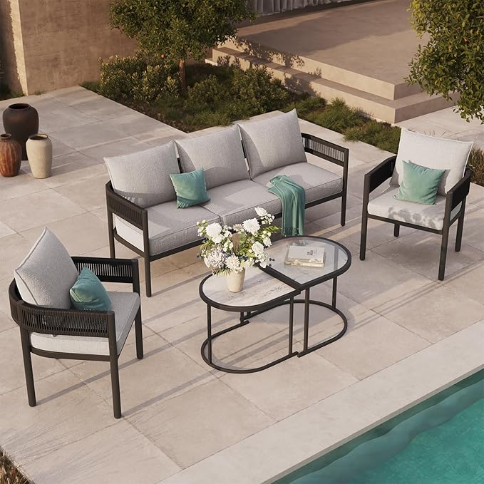 Grand patio 5-Piece Outdoor Furniture Set, 5 Seats Wicker Sofa Conversation Set with 3-Seat Couch, Thick Cushions and Coffee Table, for Backyard, Balcony, Garden (Beige)