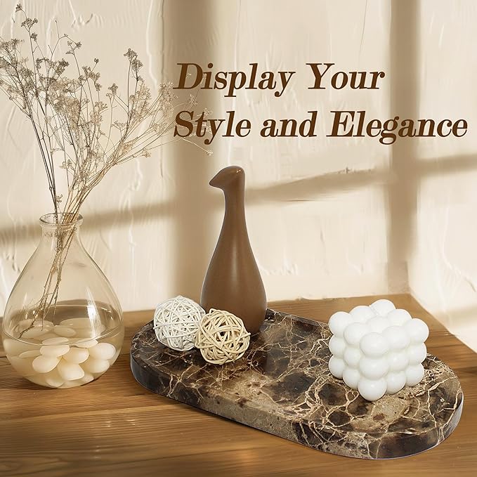 100% Real Natural Marble Tray for Bathroom, Luxury Dark Brown Stone Vanity Tray, Decorative Oval Trays for Countertop Storage, Organizer, Vanity, Dresser, Kitchen, Home Decor, 11.8" x 6", Brown