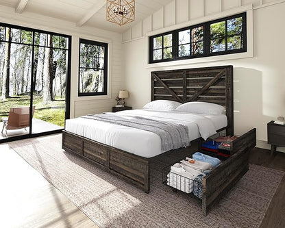 AMERLIFE King Size Farmhouse Bed Frame with 4 Drawers, Wooden Storage Bed Frame with Headboard and Heavy Duty Metal Slats, Noisy Free, Easy Assemble, Rustic Black