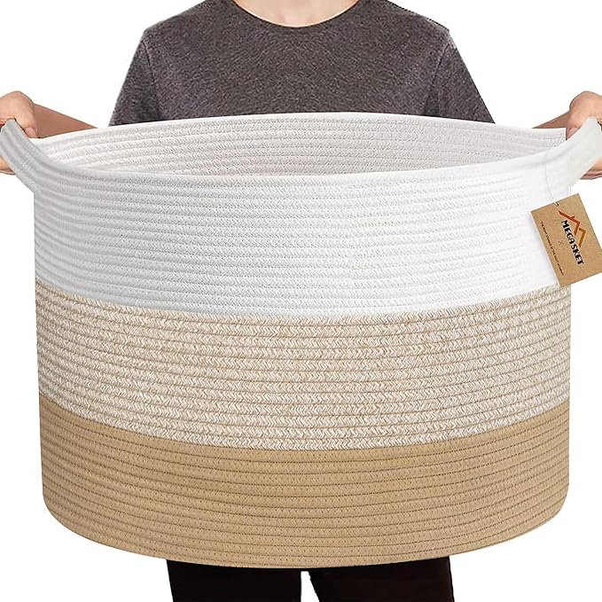 Extra Large Storage Basket, 22” X 22” X 14” Blanket Basket Living Room, Kids Toy Box Organizer, Woven Cotton Rope Baskets for Storage, Soft Dog Toy Bin, Wicker Pillow Blanket Holder