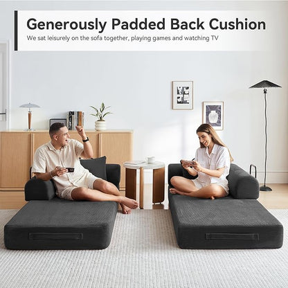Convertible Sleeper Sofa Bed with Cylindrical Pillow, Comfy Foldable Sofa Bed Compressed Sofa in Box, Floor Sofa Lounge Couch for Living Room Bedroom Lounge Studio, Tool-Free Assembly (Black)