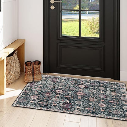 Lahome Kitchen Rugs Non Slip Washable Rugs for Entryway, 2x4 Rug Non-Slip Moroccan Trellis Ultra-Thin Indoor Door Mat Small Carpet for Bathroom Bedroom Entry, Black/Multi
