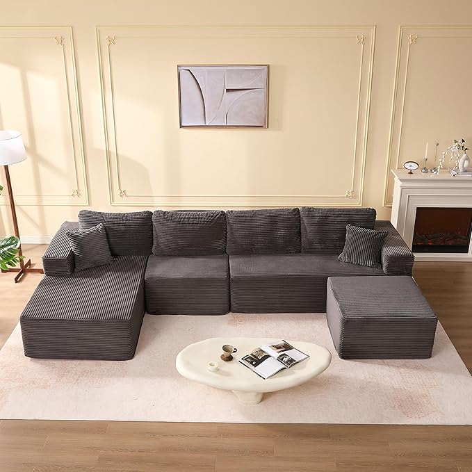 138" Boneless Couch with Deep Seat, Modular Sectional Sofa, Cloud Sectional Couch for Living Room, No Assembly Required, Corduroy, U-Shape 4 Seater Left, Gray