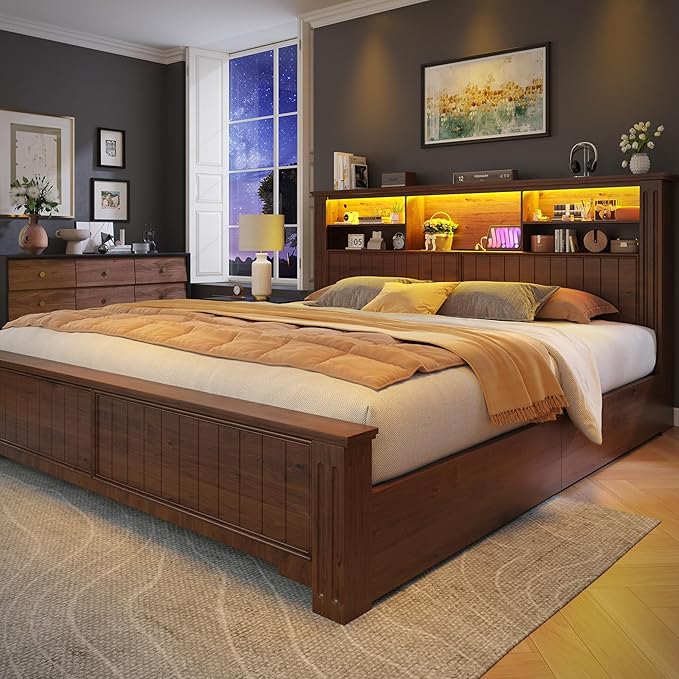 EnHomee King Size Bed Frame with 4 Storage Drawers, King Bed Frame and Headboard with LED Lights & Charging Ports,No Box Spring Needed,NO Noise,Wooden,Brown